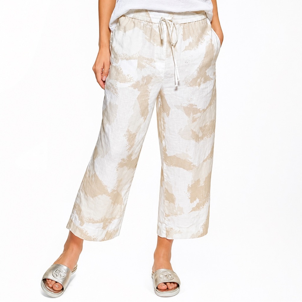 DKNY Linen Blend Wide Leg Cropped Pants L Neutral Abstract Print Resort Vacation